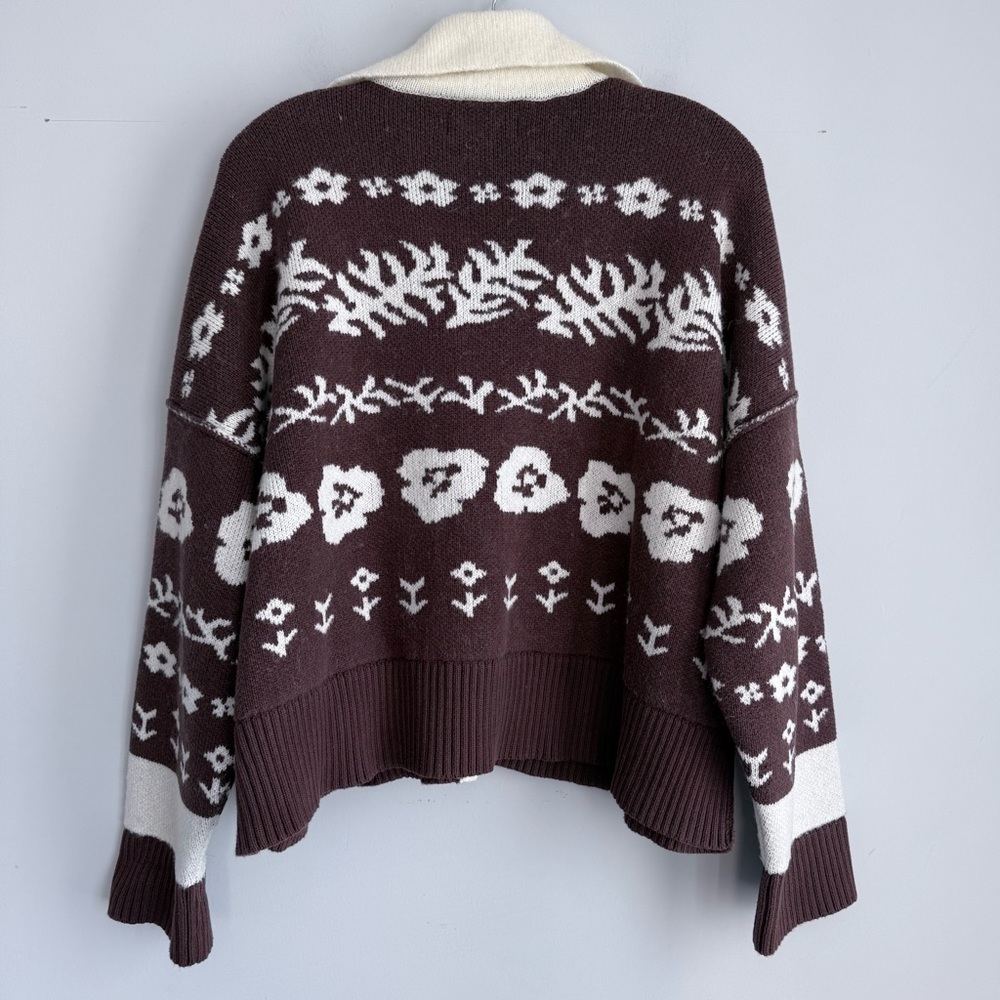 Free People Shelby Cardigan in Chocolate S Cozy Jacquard Knit Boxy Sweater - Picture 9 of 16